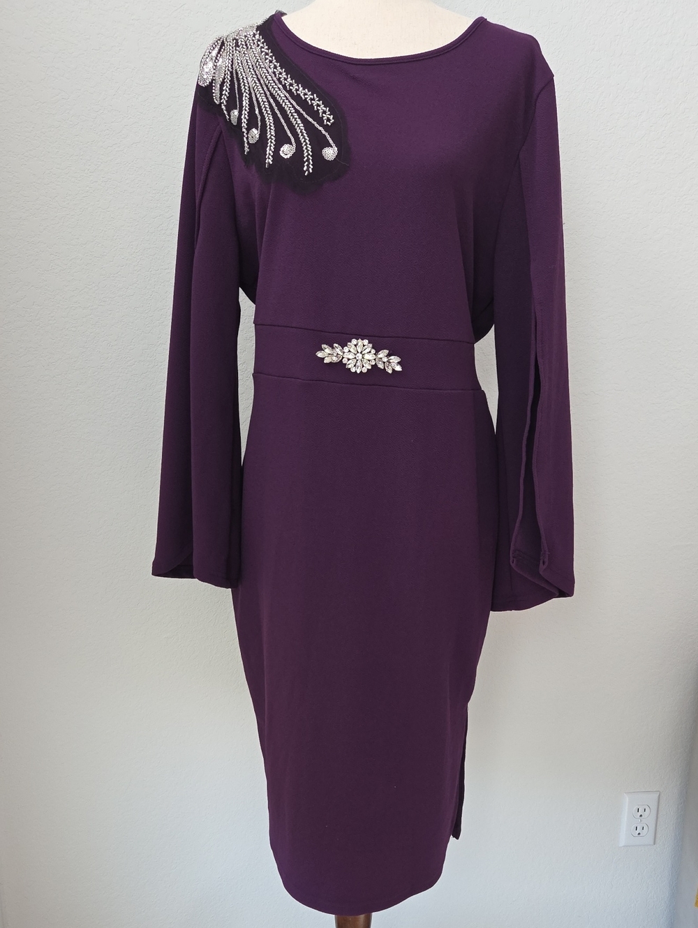 SHEIN Deep Purple Long Sleeve Jewel-Accent Pencil Dress Sequin Beaded Party 2xl